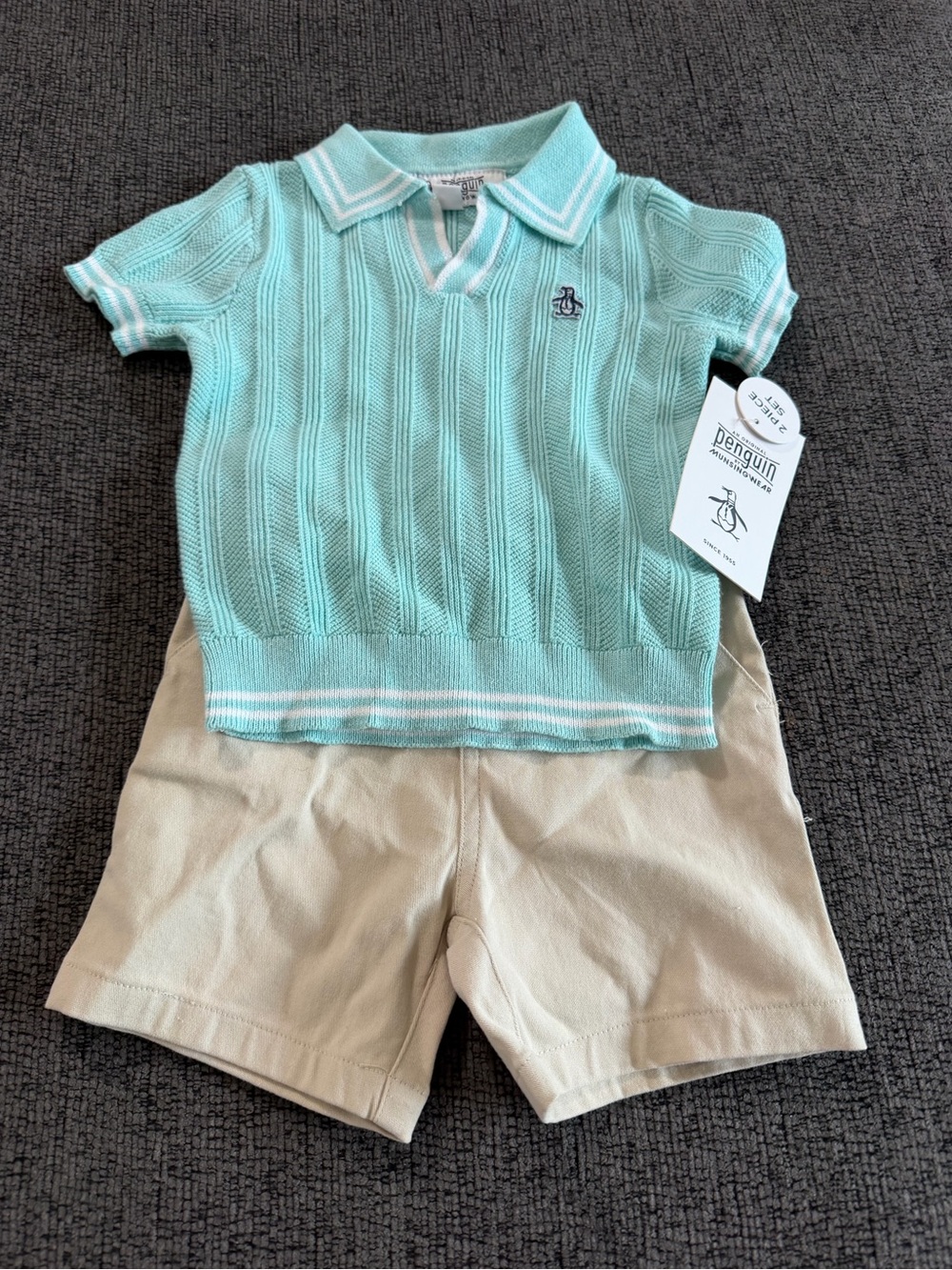 Original Penguin Mint Green Short-Sleeve Polo Top and Khaki Shorts for Kids